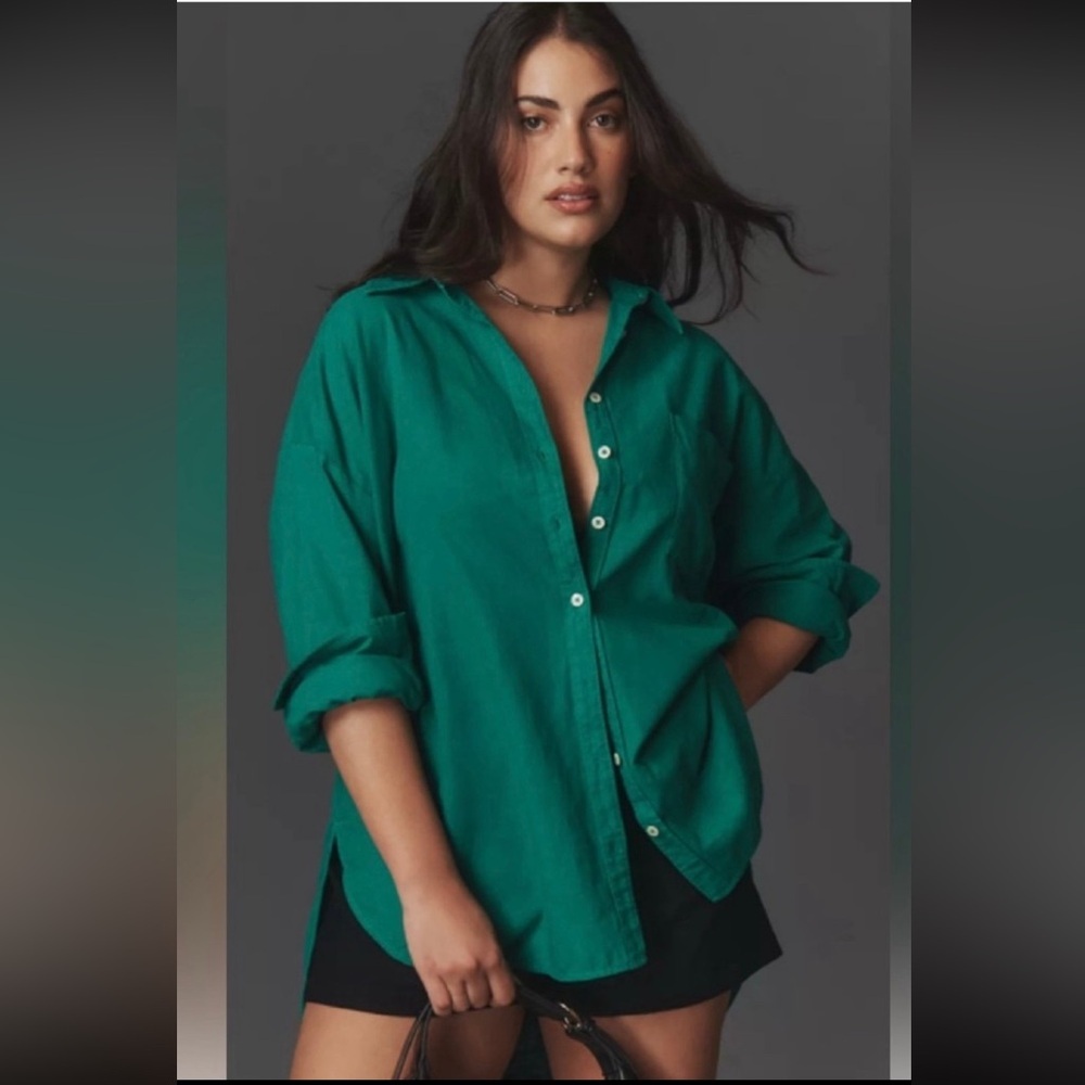 Maeve Anthropologie ~ The Bennet Button Down Emerald Oversized 100% Cotton XXS